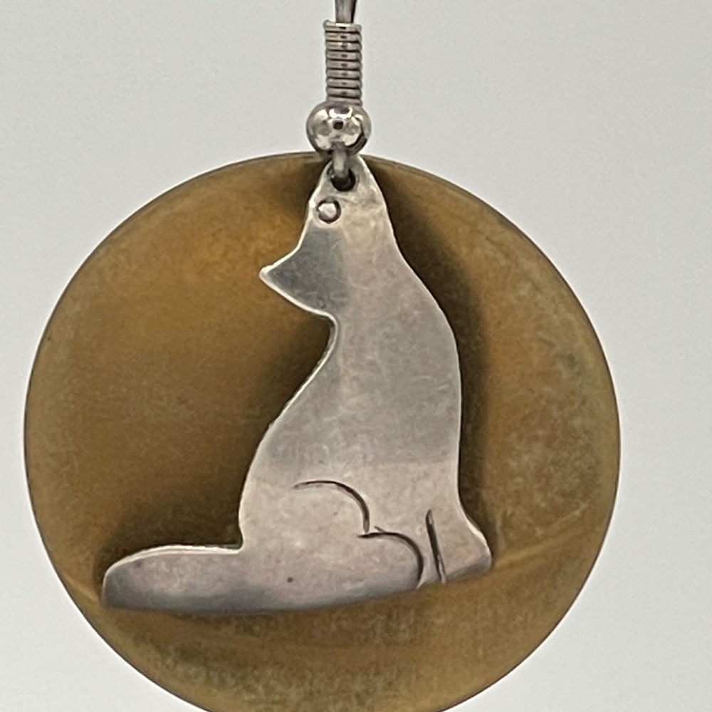 Sterling Silver Howling Coyote Brass Full Moon Dangle Earrings 8 Grams